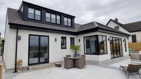 20230606_150806 Black Aluminium Windows, Tile Patio, Outdoor Tile Patio, Black Window Frames, Wooden Cladding, Outdoor Tile, Grey Windows, Self Build Houses, Aluminium Windows And Doors