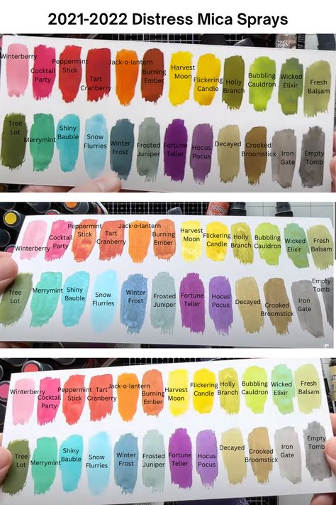 Here are the first 24 Halloween & holday Distress Mica Stain Spray Colors from 2021-2022. Distress Mica Stain, Distress Mica Spray, Distress Mica Sprays, Tim Holtz Mica Spray, Tim Holtz Distress Mica Stain, Distress Oxide Color Chart Printable, Tim Holtz Distress Oxide Spray, Tim Holtz Distress Oxide Ink Color Chart 2022, Tim Holtz Dies