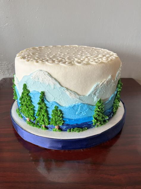 Buttercream Mountain Cake, Hiking Cake Ideas, Alaska Cake, Baby Cake Design, Lake Cake, Mountain Cake, Cake Painting, Birthday Cake For Mom, Sweet 16 Birthday Cake