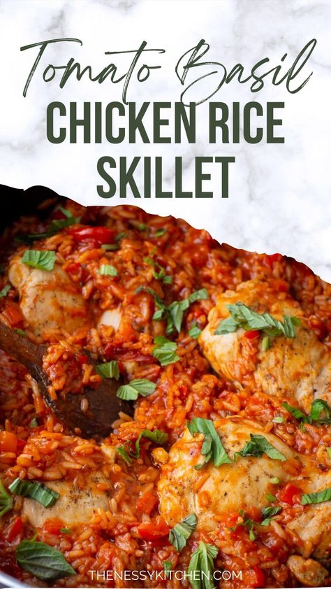 Ready in under an hour, this cooks entirely in one pan and is packed with flavor. Tender chicken is cooked along with a fluffy tomato basil rice for a weeknight dinner that the whole family will love. Tomato Basil Chicken And Rice, Chicken Rice Tomato Recipes, Tomato Chicken Recipes, Tomato Chicken And Rice, Tomato Basil Rice, One Pan Chicken And Rice, Chicken And Rice Skillet, Chicken Broth Rice, Basil Rice