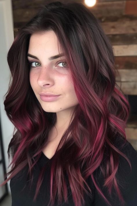 Dark Brown Red Ombre Hair, Light Brown Hair With Colorful Highlights, Maroon Highlights On Light Brown Hair, Merlot Hair Color With Highlights, Maroon Highlights On Brown Hair, Brown Hair With Coloured Highlights, Burgundy And Brown Hair, Red Face Framing Highlights, Dark Red Balayage Hair Brunettes