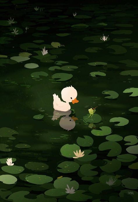 Frog In Pond Illustration, Duck Painting Cute, Fall Duck Wallpaper, Duck And Frog Wallpaper, Duck Pond Painting, Green Duck Wallpaper, Duck Pond Drawing, Duck Background, Duck And Frog