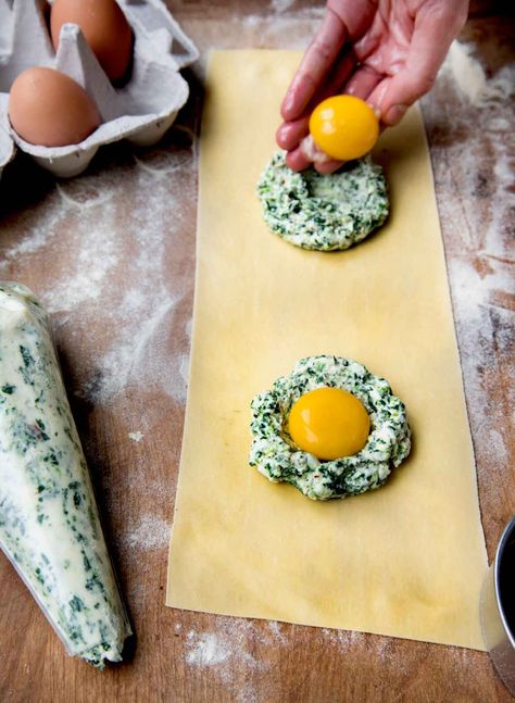 Raviolo al Uovo - WILD GREENS & SARDINES Egg Yolk Ravioli, Ravioli Dough, Food Calorie Chart, Leftover Dough, Pasta Roller, Making Pasta, Pasta Plates, Pasta Machine, Recipes Appetizers And Snacks