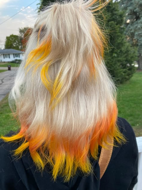 Halloween Hair Blonde, Blonde Vivid Hair, Blonde Hair With Orange Tips, Blonde Halloween Hair, Orange Tipped Hair, Blond And Orange Hair, Blonde With Orange Tips, Blonde Hair With Colored Ends, Blonde Hair Orange Tips