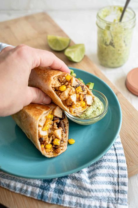 This simple chicken burrito recipe makes for a filling, healthy, and satisfying lunch or dinner anywhere and anytime. Be sure to double the batch and freeze some for later using our instructions. Make Ahead Chicken, Chicken Burrito Recipe, Burrito Recipe Chicken, Thriving Home, Burrito Recipe, Chicken Burrito, Whole Wheat Tortillas, Simple Chicken, Burritos Recipe