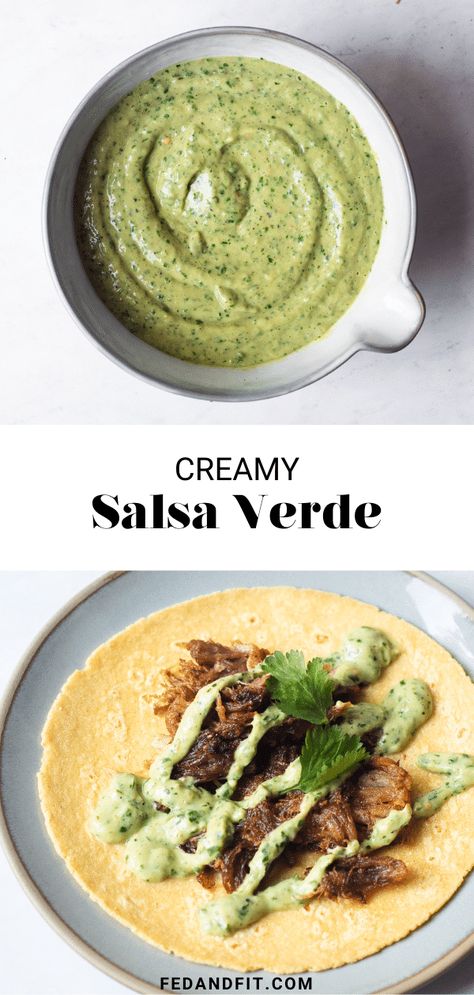 With avocado, fresh lime juice, sour cream, this creamy salsa verde is fresh, delicious, and can be enjoyed on a variety of Tex-Mex-inspired meals! Creamy Salsa Verde Sauce, Salsa Verde Creamy, Cilantro Avocado Crema, Creamy Verde Sauce, Green Creamy Salsa, Creamy Green Salsa Recipe, Cream Sauce For Tacos, Creamy Green Salsa, Avocado Salsa Verde Recipe