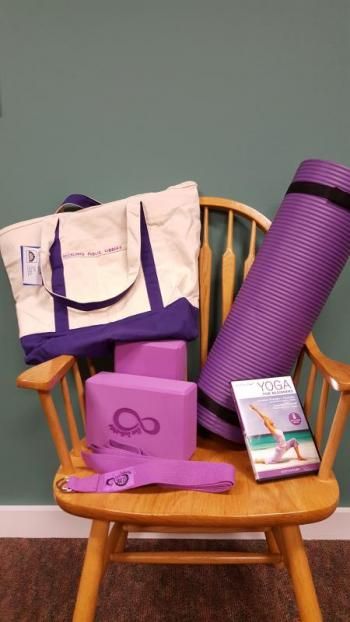 Fitness kit yoga. (Photos courtesy of Rockland Public Library) #libs4health Health Talk, Yoga Strap, Yoga Block, White Tote Bag, Improve Flexibility, Foam Roller, White Tote, Jump Rope, Yoga For Beginners