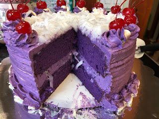 sugarampsprinkle: Ube Macapuno Cake Recipe Ube Cake Design, Macapuno Recipe, Ube Macapuno Cake Recipe, Ube Macapuno Cake, Filipino Pastries, Ganache Recipe Frosting, Ube Dessert, Ube Cake, Ube Recipes