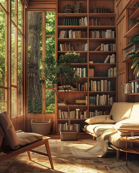 Sunroom With Library, Cozy Living Room Library, A Frame Library, Boho Library Room, Treehouse Library, Bookshelves With Doors, Bookshelf Decor Living Room, Forest Library, Cottage Core Interior