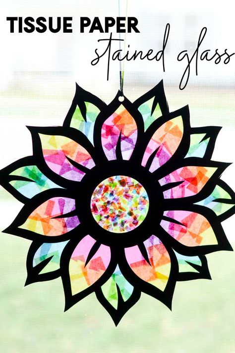 Tissue Paper Stained Glass Flower Craft Paper Sun, Tissue Paper Art, Stained Glass Flower, Tissue Paper Crafts, Window Crafts, Paper Flower Crafts, Flower Craft, Crafts For Seniors, Stained Glass Flowers