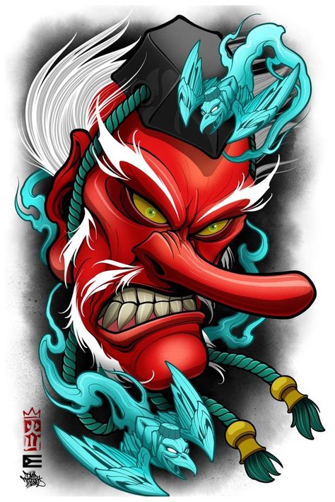 Image of DaiTengu ရာကူဇာ Tattoo, Hannya Maske Tattoo, David Tevenal, Tengu Tattoo, Hannya Maske, Japanese Demon Tattoo, Foo Dog Tattoo, Samurai Tattoo Design, Native Tattoos