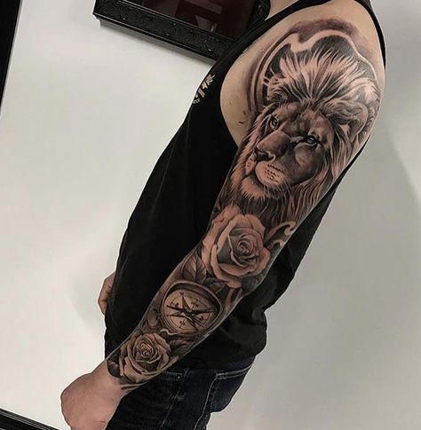 Lion, rose and compass tattoo done by @mendozajeffry | www.otziapp.com Lion Rose Tattoo, Lion And Rose Tattoo, Mens Full Sleeve Tattoo, Small Watercolor Tattoo, Lion Tattoo Sleeves, Rose Tattoo Sleeve, Tattoo Hand, Tattoos Geometric, Full Sleeve Tattoos