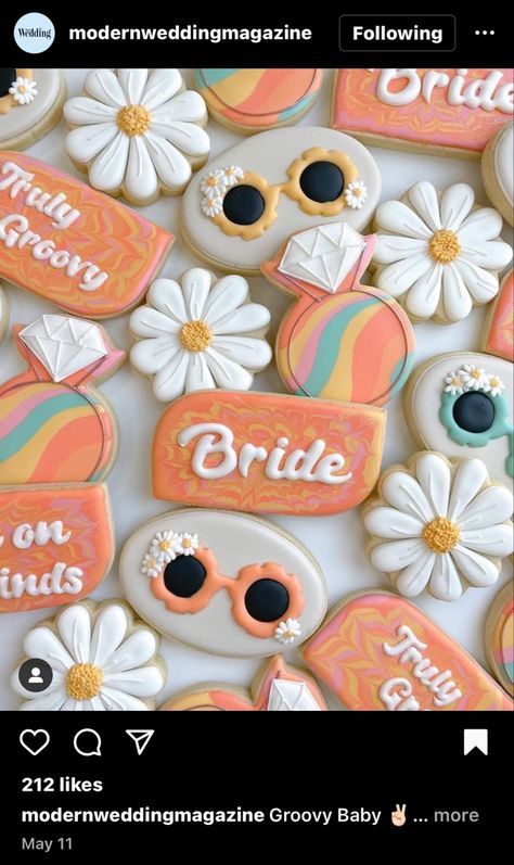 Retro Boho Bridal Showers, Groovy Bridal Shower Cookies, 70’s Theme Bachelorette Party, Groovy Hens Party, Groovy Bachelorette Party Favors, Dazed And Engaged Bachelorette Cookies, Dazed And Engaged Bridal Shower Ideas, Boho Bachelorette Party Theme, Bachelorette Party Groovy