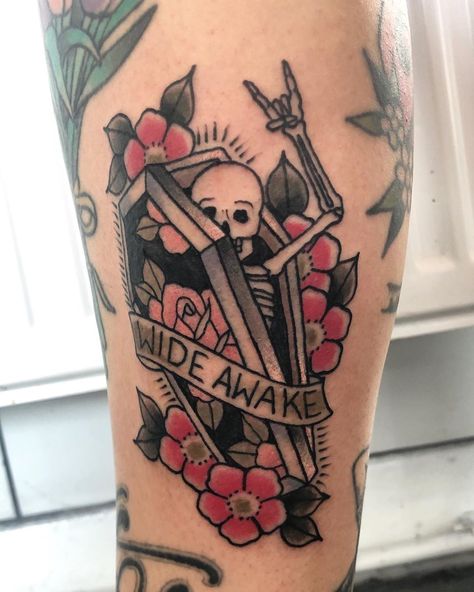 Neo Traditional Coffin Tattoo, Coffin Tattoo Traditional, Small Neo Traditional Tattoo, Traditional Tattoo Coffin, Gravestone Tattoo, Trad Sleeve, Traditional Tattoo Arm, Coffin Tattoo, Therapy Art