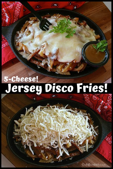 5-Cheese Jersey Disco Fries Disco Fries Recipe, Disco Fries, 5 Guys, Cheesy Fries, Pizza Fries, Beef Gravy, Garlic Herb Butter, Asiago Cheese, Fries Recipe