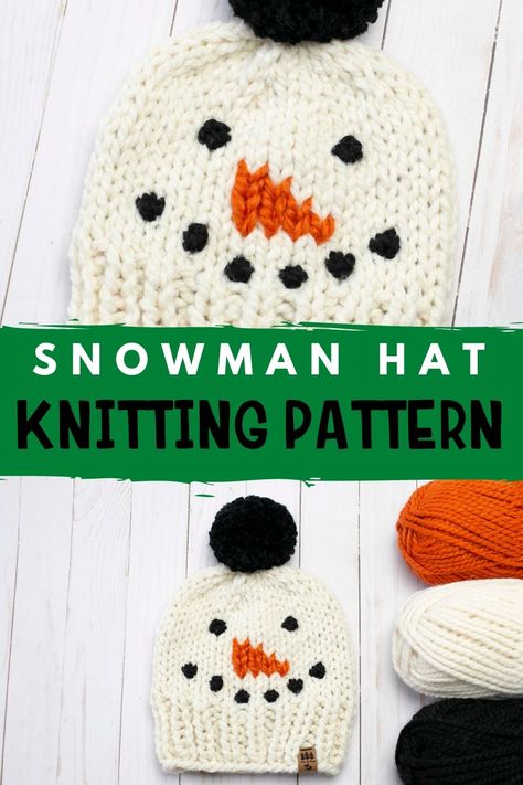 Snowman Christmas Hat Free Knitting Pattern Pouffe Pattern, Snowman Hat Pattern, Crafts Snowman, Hat Free Knitting Pattern, Halloween Knitting, Knitted Pouffe, Love Crafts, Sewing Crochet, Knitting Hat