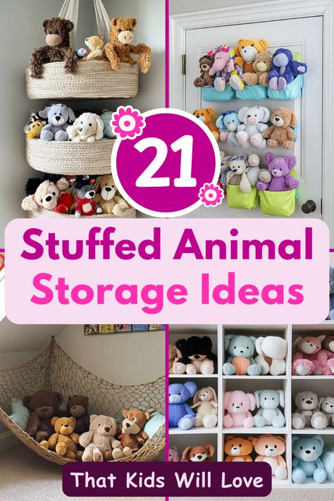 Looking for smart ways to organize your stuffed animals? These 21 stuffed animal storage ideas are not only fun but super practical for keeping your room clutter-free and cozy! #StuffedAnimalStorage #KidsRoomOrganization #ToyStorageIdeas #DeclutteringTips #SpaceSavingSolutions Stuffed Animal Storage For Adults, Toy Organization For Small Bedrooms, Storing Squishmallows, Creative Stuffed Animal Storage, Stuffed Animals Organization Ideas, How To Organize Stuffed Animals, Stuffies Storage, Stuffed Animal Display Ideas, Kids Stuffed Animal Storage