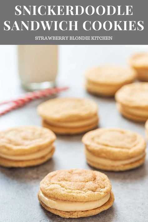 These Snickerdoodle Sandwich Cookies are an easy, chewy traditional cookie recipe sandwiched together with a caramel cream cheese frosting for an upgrade on a classic! #christmascookies #cookies #baking #desserts #dessertrecipes  #cookierecipes #cookiedough #snickerdoodles #snickerdoodlecookie #snickerdoodlecookierecipe #holidayrecipes #christmasrecipes Snickerdoodle Sandwich Cookies, Caramel Cream Cheese Frosting, Strawberry Blondie, Cookie Sandwich Recipes, Basic Cookies, Cookie Recipes Unique, Frozen Cookie Dough, Caramel Cream, Baking Desserts