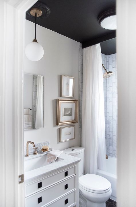 Small Bathroom Look Bigger, Diy Shower Curtain, Room For Tuesday, Bathroom Ceiling, Black Ceiling, Minimalistic Style, Rooms Reveal, Bathroom Renos, Guest Bathroom