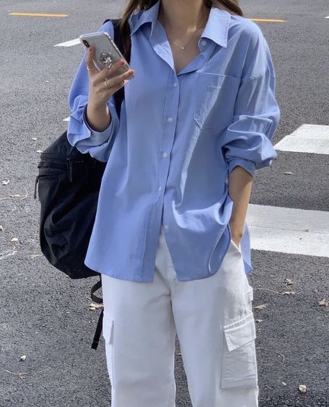 Outfits With Blue Button Up Shirt, Blue Button Down Shirt Outfit, Modest Summer, Casual College Outfits, Korean Casual Outfits, Everyday Fashion Outfits, Casual Day Outfits, Korean Girl Fashion, Easy Trendy Outfits