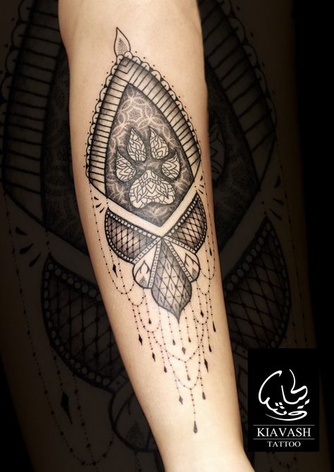 dog footprint ornamental dotwork tattoo Celtic Dog Paw Tattoo, Paw Print Mandala Tattoo, Dog Mandala Tattoo, Mandala Dog Tattoo, Dog Footprint Tattoo, Ornamental Dotwork, Chandelier Tattoo, Pet Memorial Tattoo, Dog Footprint