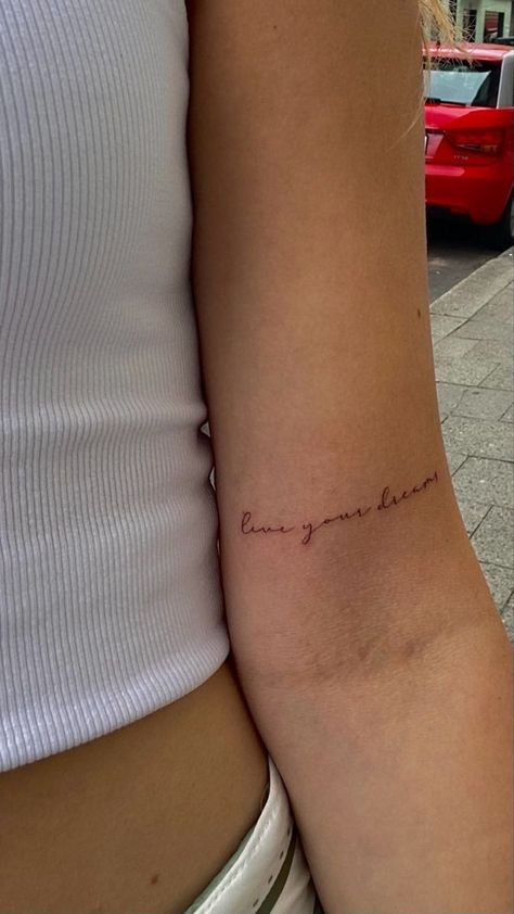 Cursive Tattoo On Arm, The Heart Wants What It Wants Tattoo, Pretty Cursive Tattoos, Script Writing Tattoos For Women, Nice Arm Tattoos For Women, Cute Tattoo Phrases, Written Arm Tattoos, Cursive Inner Arm Tattoo, Arm Tattoos For Women Writing