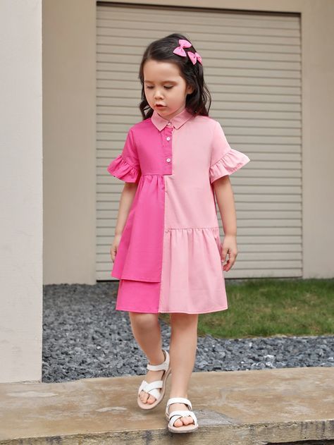 Pink Cute Collar Short Sleeve Woven Fabric Colorblock Shirt Embellished Non-Stretch  Young Girls Clothing Colorblock Shirt, Kids Dress Collection, Kids Wear Girls, Shein Kids, Children Wear, Fashion Baby Girl Outfits, Kids Fashion Dress