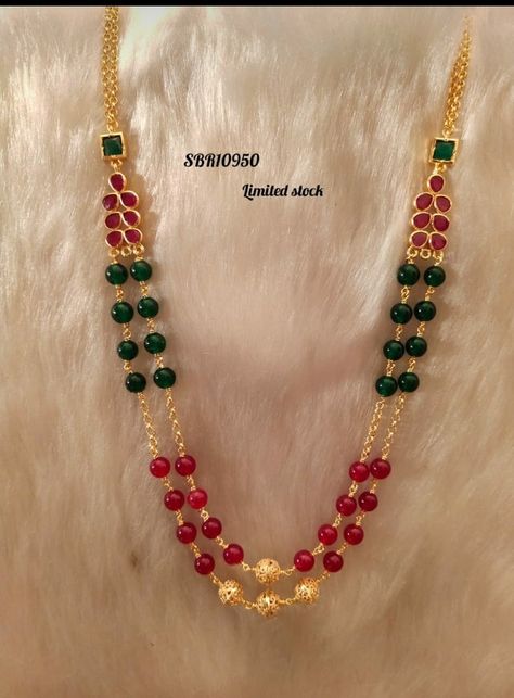 Gorgeous one gram gold necklace with multi layer bead chains. Necklace studded with multi color stones.  Necklace with bead hangings.  01 October 2019 One Gram Gold Necklace, One Gram Gold Jewellery, Ruby Necklace Designs, Ruby Jewelry Necklaces, Neck Pieces Jewelry, Pearl Jewelry Design, Gold Jewelry Simple Necklace, Beautiful Gold Necklaces, Stones Necklace