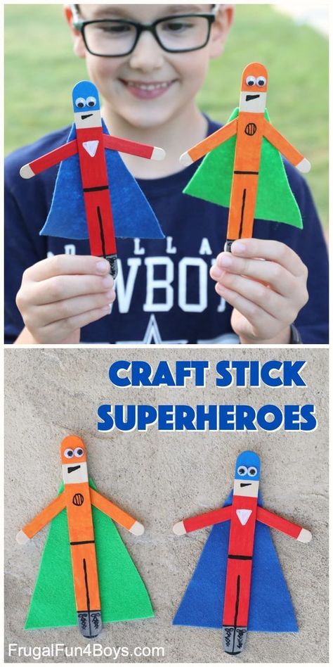 Great toddler activity! Make your own super heroes out of craft sticks! Superhero Popsicle Sticks, Popsicle Stick Superhero Craft, Craft Sticks Ideas For Kids, Superhero Crafts For Kids, Make A Superhero, Superhero Craft, Cool Crafts For Kids, Sticks Crafts, Superhero Crafts