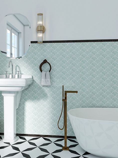 fish scale tile wholesale Fishscale Tile Bathroom, Fish Scale Bathroom, Fish Scale Tile Bathroom, Tile Fish, Bathroom Restoration, Moroccan Fish, Scale Tile, Beautiful Small Bathrooms, Moroccan Fish Scale