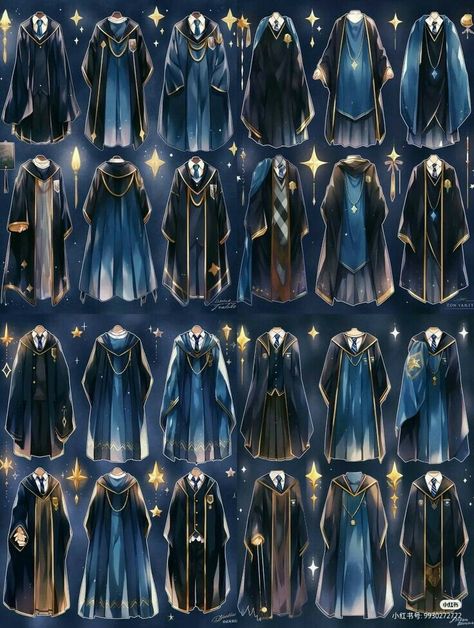 Hogwarts Uniform Drawing Reference, Wizard Robes Art, Hogwarts Uniform Redesign, Ravenclaw Robes, Magic Robes, Harry Potter Ocs, Wizard Clothes, Harry Potter Clothes, Wizarding Fashion