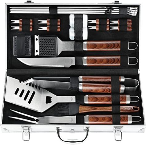 Poligo brand BBQ grill accessories set. 22 pieces for all your BBQing needs. Non-Slip, Stainless Steel tools in Aluminum Case is a perfect gift for your grilling partner. Grill Kit, Bbq Kit, Stainless Steel Bbq Grill, Bbq Tool Set, Basting Brush, Grilling Utensils, Steel Grill, Bbq Set, Grill Brush