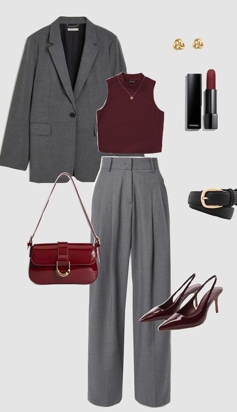 Autumn Formal Outfit, Gray Clothes Aesthetic, Burgundy Work Outfit, Trend Outfit 2024, Gray And Burgundy Outfit, Red Gray Aesthetic, Gray And Red Aesthetic, Gray And Red Outfit, Red Grey Aesthetic