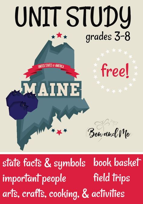 FREE Maine Unit Study for grades 3-8 -- learn about the "Pine Tree State" with books, arts and crafts, recipes, and more! #unitstudies #homeschool #homeschooling #geography State Of Maine Worksheets, Family Time Activities, Maine Trip, Maine State, Homeschool Geography, Homeschool Social Studies, Tree Study, New England States, Book Baskets