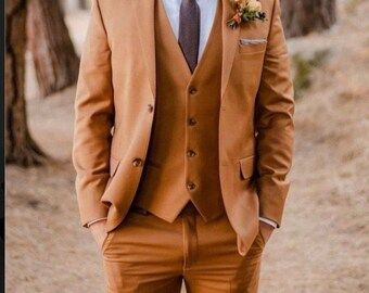 DresszoneByMd - Etsy Wedding Suits Men Orange, Carmel Suit Men, Terracotta Mens Wedding Attire, Marigold Suit Men, Fall Wedding Colors Men, Rust Orange Tuxedo Wedding, Terracotta Tuxedo Wedding, Orange Suit Men Wedding, Terracotta Vest Groom