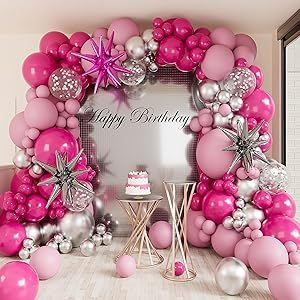 Deiiom Hot Pink Silver Balloons Arch Garland Kit-Macaron Pink Balloon Hot Pink Explosion Star Foil Balloon 151Pcs for Princess Birthday,Graduation,Bachelorette,Baby Shower,Christmas Party Decorations. Pink White Balloon Garland, Princess Theme Party Decorations, Wicked Birthday, Pink Explosion, White Balloon Garland, Silver Balloons, Balloons Arch, Party Ballons, Baby Shower Christmas