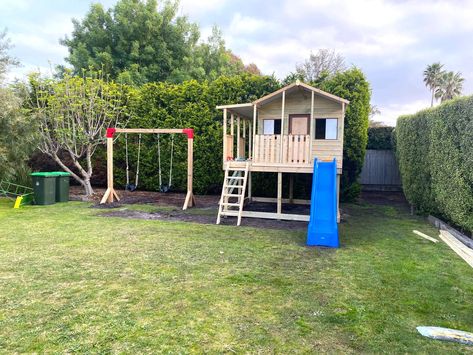 We're very proud to showcase this recently completed installation of an elevated cubby with slide and matching swing frame.

This combo is guaranteed to bring years of fun and adventure!

We're currently offering free delivery on our Cubby Houses in NSW and VIC for a limited time.
Get in quick for Christmas orders.

#cubbyhouse #playgroundlandscaping #outdoorplay #swings #backyardplay Play Set And Trampoline, Playarea Kids Garden, Kmart Wooden Climbing Frame, Bali Huts, Playground Landscaping, Backyard Creations, Workshop Shed, Contemporary Studio, Cubby House