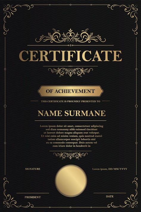 Certificate Of Achievement Template Free, Luxury Certificate Design, Certificate For Project, Certificate Of Appreciation Design, Certificate Design Inspiration, Certificate Of Appreciation Template, Gold Digital Art, Appreciation Template, Certificate Layout