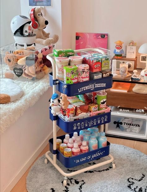 Snack Rack Aesthetic, Snack Trolley Aesthetic, Snack Cart Bedroom, Cute Snack Cart, Snack Storage Ideas Small Spaces, Snack Cart For Room, Snacks Cart, Snack Carts, Snack Rack