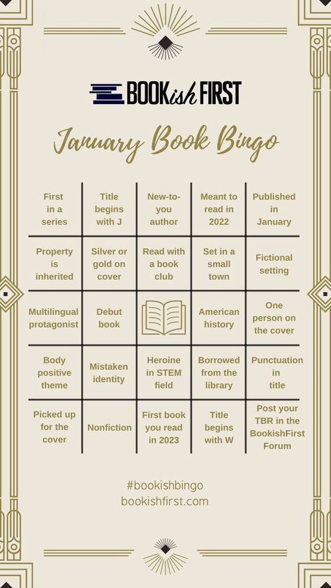 A bingo board with a cream-colored background and a decorative border. The prompts are all bookish and related to reading challenges Bookish Bingo, January Book, Book Bingo, January Reading, Reading Bingo, January Books, Book Review Journal, Tbr Pile, Book Reading Journal