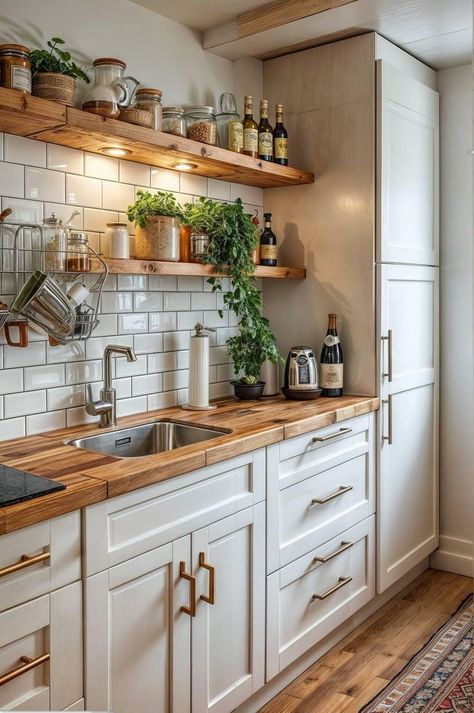 Small Cottage Kitchen, Small Kitchen Decor, Boho Kitchen, Tiny Kitchen, Cottage Kitchen, Kitchen Makeover, White Cabinets, Kitchen Style, Rustic Kitchen