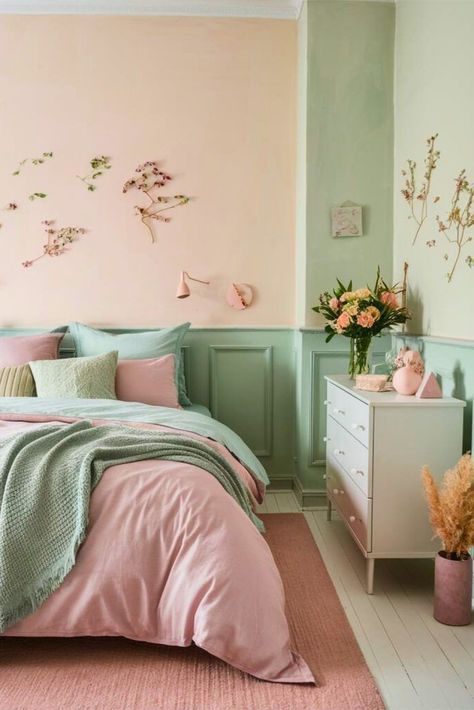 Sage Green And Pink Bedroom Curtains, Green And Pink Girls Room, Green Girls Bedroom Ideas, Pink And Green Home Decor, Green And Pink Bedroom Decor, Pink And Green Girls Bedroom, Sage And Pink Bedroom, Pink And Green Bedroom Ideas, Green And Pink Bedroom Ideas