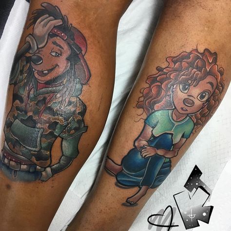 Matchyyy Matchyyyy! Both of these were huge and literally took me all day 😩🙏🏽 Happy Anniversary guyssss!!! _________________________ I have… Roxanne Tattoo, Disney Leg Tattoo, Goofy Movie Tattoo, Disney Tattoo Inspiration, Disney Tattoos Ariel, Relationship Tattoo, Matching Disney Tattoos, Max And Roxanne, Disney Sleeve Tattoos