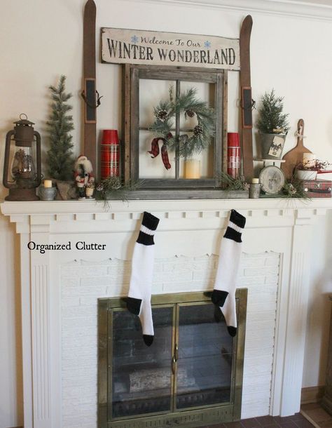 Anchoring A Christmas Mantel With An Old Weathered Window Frame Organized Clutter, Window Christmas, Wonderland Christmas, The Mantle, Holiday Mantel, Christmas Fireplace Decor, Christmas Mantel, Christmas Mantel Decorations, Christmas Planning