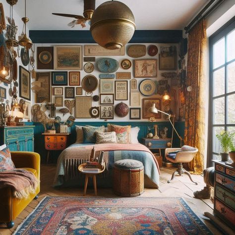 Eclectic Maximalism Bedroom, Modern Eclectic Bedroom, Statement Furniture Pieces, Retro Armchair, Statement Furniture, Eclectic Bedroom, Maximalist Decor, Contemporary Bed, Eclectic Design