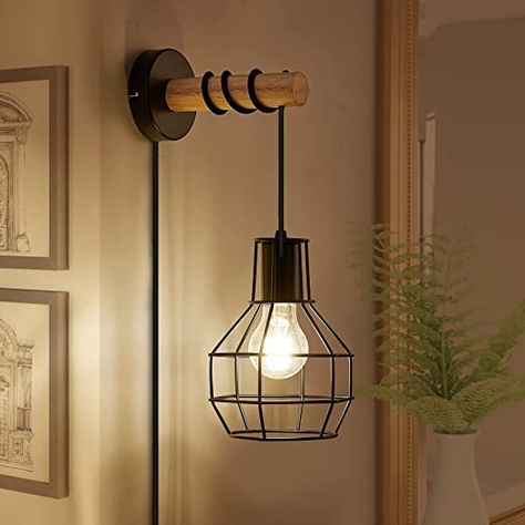 Lamp For Kitchen, Farmhouse Wall Sconces, Plug In Wall Lamp, Wood Lamp Shade, Plug In Wall Lights, Industrial Wall Lamp, Bedside Wall Lights, Black Wall Lamps, Wall Sconces Bedroom