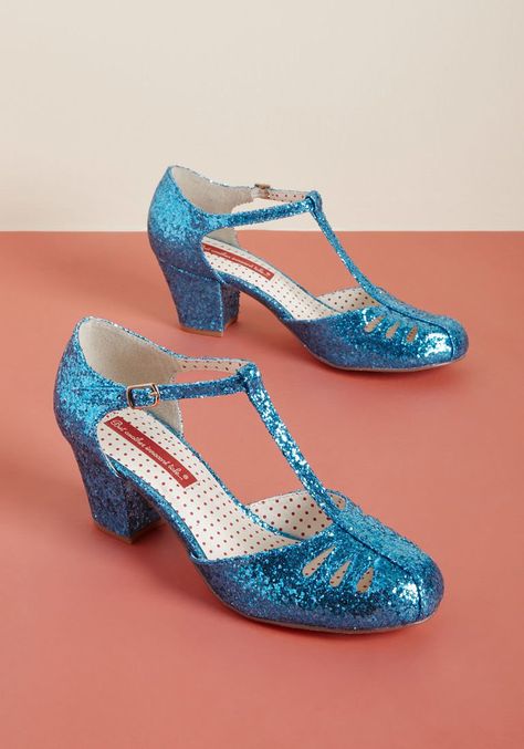 B.A.I.T. Footwear Shimmer Down Now T-Strap Heel in Blue Glitter Blue Wedding Shoes Low Heel, Glittery Heels, Sparkly Pumps, Vintage Inspired Shoes, Vintage Style Shoes, Wedding Shoes Low Heel, Trendy Womens Shoes, Glitter Fashion, T Strap Shoes