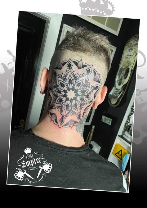 Mandala Back Of Head Tattoo, Mandala Head Tattoo, Back Of Head Tattoo, Tattoo Crane, Dot Work Mandala, Back Of Head, Head Tattoo, Neck Tattoo For Guys, Beautiful Mandala