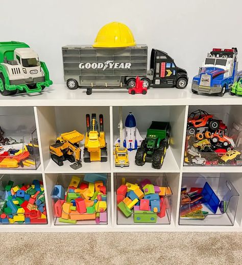 35 Creative Ideas for Toy Storage That Will Transform Your Home - placeideal.com Playroom Truck Storage, Organize Big Toy Trucks, Storage For Toy Cars And Trucks, How To Store Large Toy Trucks, Toy Truck Storage Ideas, Toy Truck Storage, Paw Patrol Toy Storage, Kids Playroom Storage Car, Truck Playroom