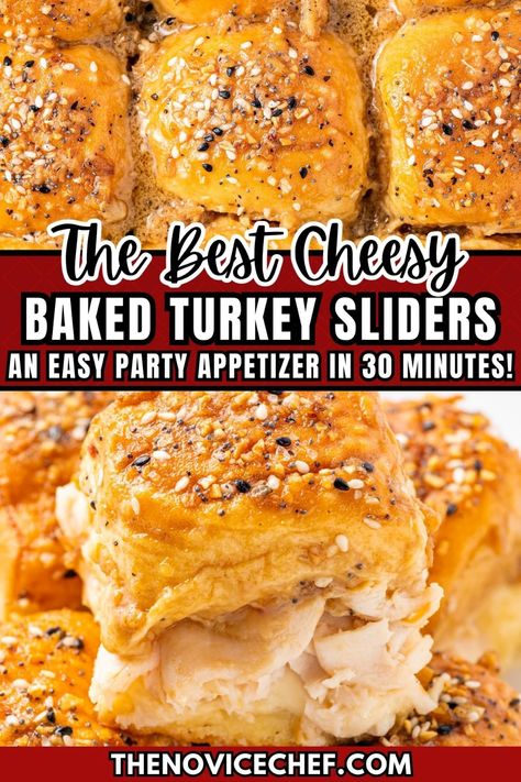 Turkey sliders are the ultimate party appetizer, ready in just 30 minutes! Made with sweet Hawaiian rolls, these irresistible turkey and cheese sliders are coated in a buttery mustard and onion sauce and baked until warm. Turkey Dinner Appetizers, Deli Turkey Sliders, Turkey Provolone Sliders, Turkey Cheese Sliders Hawaiian Rolls, Halloween Sliders Sandwiches, Easy Crowd Pleasing Appetizers, Hawaiian Roll Sliders Turkey, Turkey Swiss Sliders, Turkey Cheese Sliders